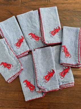 8 Denim Blue With Red LOBSTER Appliqued Napkins 16" Square